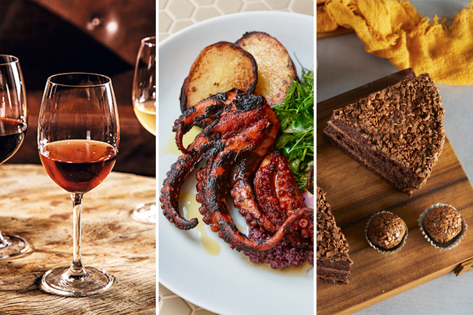 Três imagens verticais unidas por linhas finas brancas. À esquerda, taças de vinho, ao centro polvo grelhado e, à direita, fatia de bolo de chocolate ao lado de dois brigadeiros.