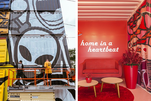 Montagem mostra, à esquerda, fachada de quatro contêineres empilhados, com andaimes montados e artistas terminando grafite nas paredes e, à direita, ambiente interno, com sofá, mesas e tapete, com parede que diz: "home in a heartbeat"