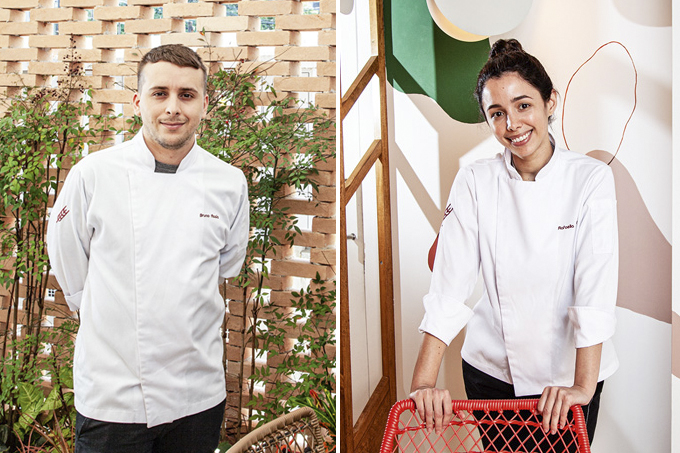 À esquerda, foto do chef Bruno Assis. À direita, foto da chef e confeiteira Rafaella Aguiar. Ambos posam no ambiente do restaurante Apó Cozinha.