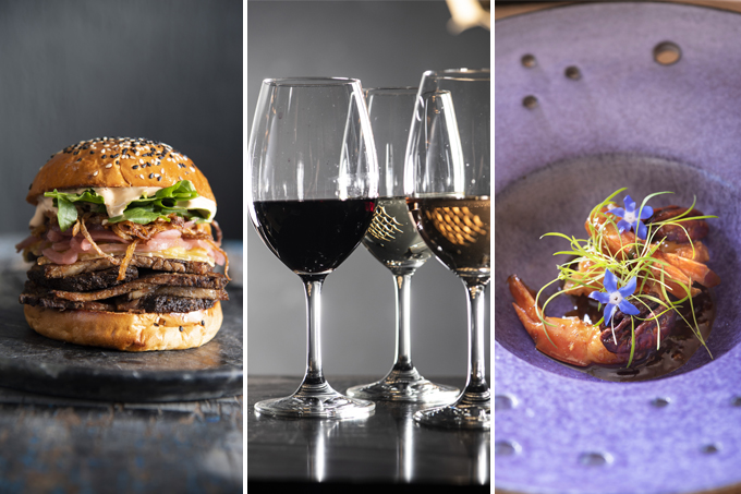 Três imagens verticais unidas por linhas finas brancas. À esquerda sanduíche de brisket, ao centro três taças de vinho e, à direita, prato lilás com camarão e noz-pecã.