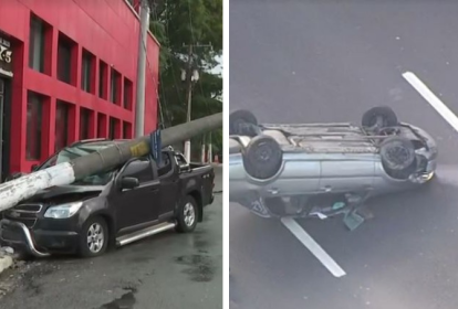 A imagem mostra duas fotos. À esquerda, um carro esmagado por um poste fino, praticamente o dividindo no meio. À direita, um carro de ponta cabeça no meio da avenida Raposo Tavares.