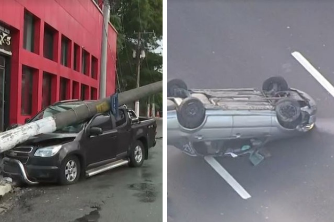 A imagem mostra duas fotos. À esquerda, um carro esmagado por um poste fino, praticamente o dividindo no meio. À direita, um carro de ponta cabeça no meio da avenida Raposo Tavares.