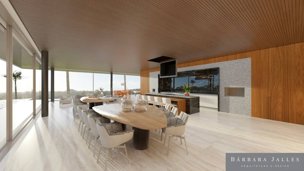Bárbara Jalles – Projeto 3D de casa de campo para o empresário Semenzato (DIVULGAÇÃO) (1) Imagem 3D de projeto de casa de campo exibe sala aberta de pé-direito alto com alguns móveis de cor clara e mesa oval no centro.