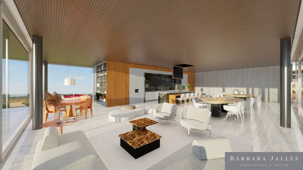 Bárbara Jalles – Projeto 3D de casa de campo para o empresário Semenzato (DIVULGAÇÃO) (2) Imagem 3D de projeto de casa de campo exibe sala aberta de pé-direito alto com alguns móveis de cor clara.