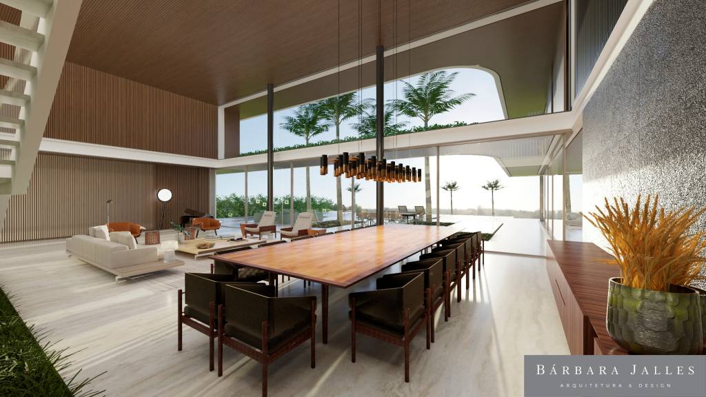 Bárbara Jalles – Projeto 3D de casa de campo para o empresário Semenzato (DIVULGAÇÃO) (3) Imagem 3D de projeto de casa de campo exibe grande mesa de jantar e área envidraçada com árvores altas na entrada.
