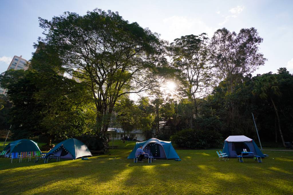 Meu Teto de Estrelas Barracas com luzes de LED penduradas e cadeiras na frente são dispostas em um parque. Dá para ver árvores ao fundo e também raios de sol passando por elas