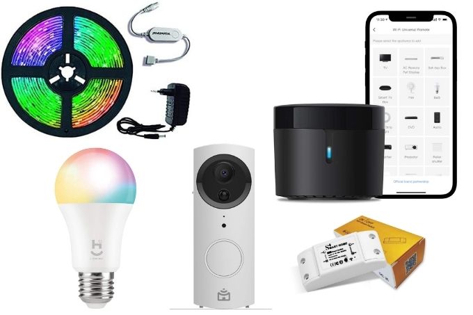 Montagem com vários produtos tecnológicos como lâmpada, câmera, luzes, interruptor e controle inteligentes