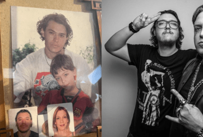 Duas imagens. Na esquerda, uma foto de família mostra um pai com seu filho. Na direita, em preto e branco, um homem faz sinal de hang loose para a câmera.