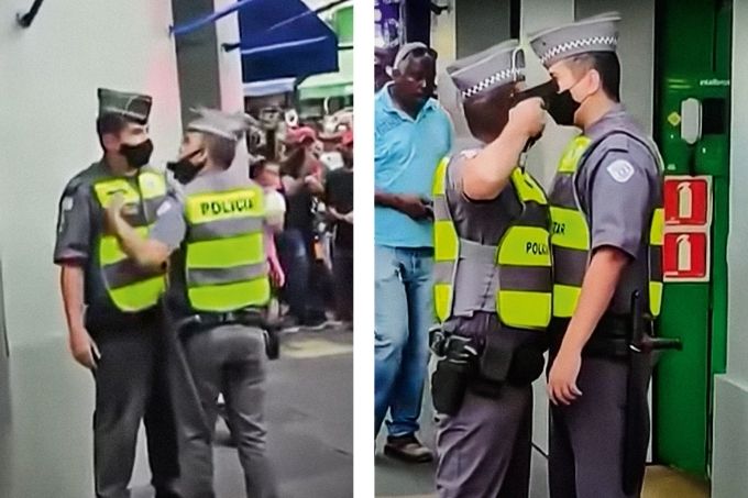 Duas fotos, uma ao lado da outra, mostram uma cena em que um soldado da PM aponta uma arma para a cabeça de outro. Ao fundo, dá para ver pessoas olhando a cena