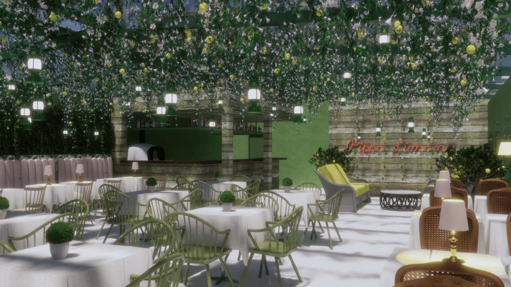 Disco Club – Projetos 3D (DIVULGAÇÃO) (3) Terraço com drinques italianos e pizzas exibe decoração clara e mesas por todo o espaço.