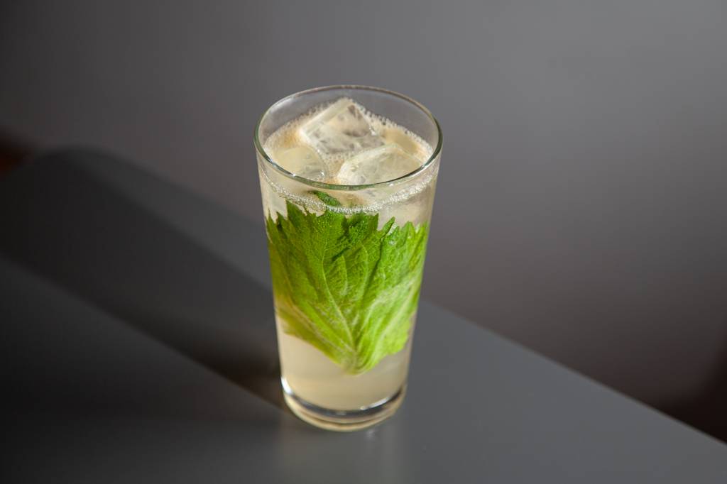 Kotori Drinque transparente em copo alto de vidro com folha grudada na lateral.