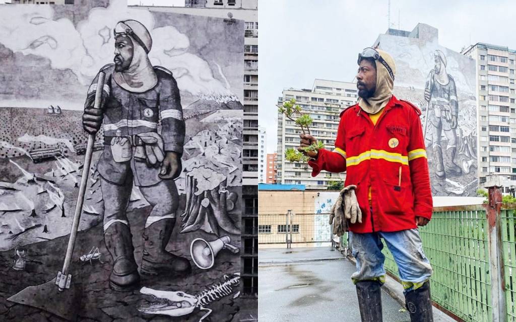 Vinícius-Curva-de-Vento-modelo-mural-gigante-mundano-o-lavrador-de-café-tinta-cinzas-de-biomas-brasileiros-crítica imagem dividida em duas, à esquerda, foto de mural que faz releitura de O Lavrador de Cagé, do Cândido Portinari. O mural, pintado em preto e branco, é gigante e está na lateral de um edifício no centro, à direita, o modelo da releitura, posando em prédio próximo ao mural na mesma posição que na pintura, segurando um pedaço de planta