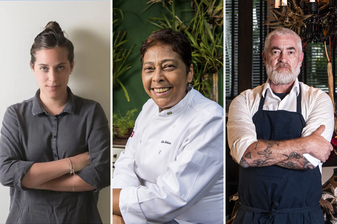Três imagens verticais unidas por linhas finas brancas. À esquerda a chef Pia Leon de braços cruzados. Ao centro a chef Kátia Barbosa sorrindo de dólmã. À direita, o chef Alex Atala de braços cruzados sobre avental.