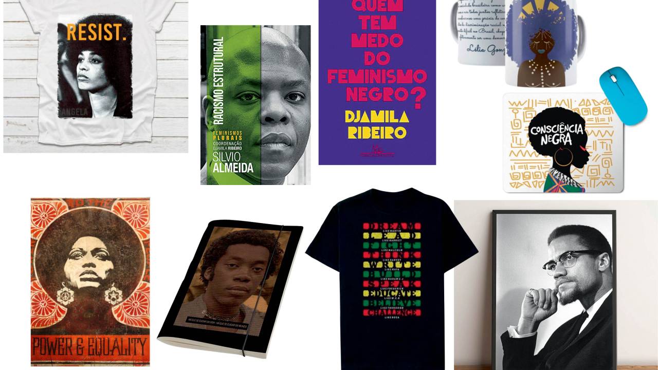 Nove itens que remetem a pessoas negras. Há três livros, duas camisetas, um caderninho, um quadro, uma caneca e um mousepad