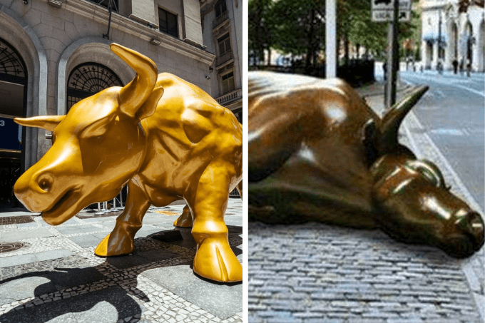 A imagem mostra duas fotos. à esquerda, o touro dourado da b3. à direita, um touro de bronze deitado no chão.