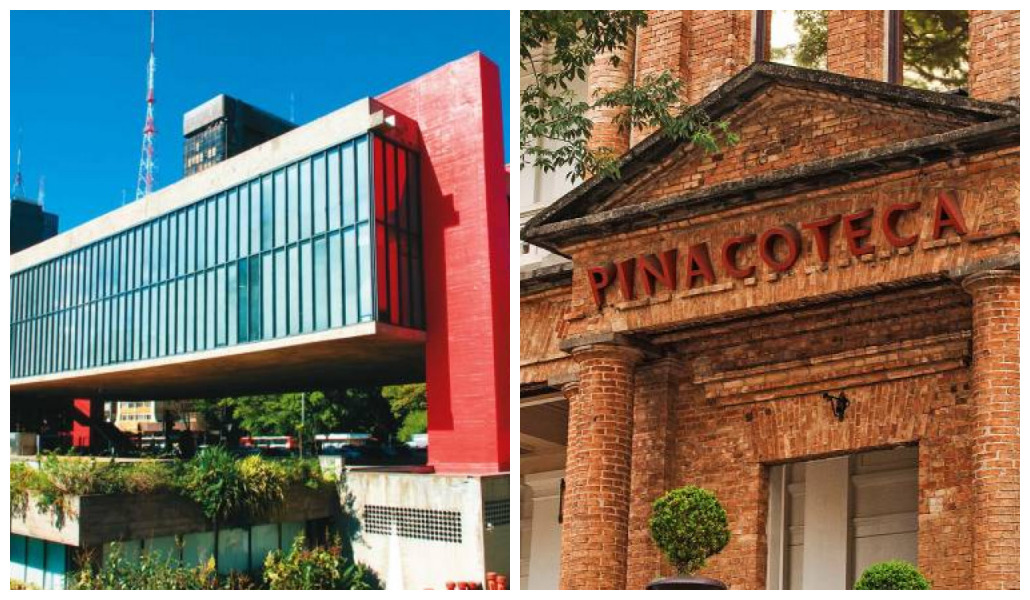 Imagem dividida em duas: sede do Masp de um lado e Pinacote