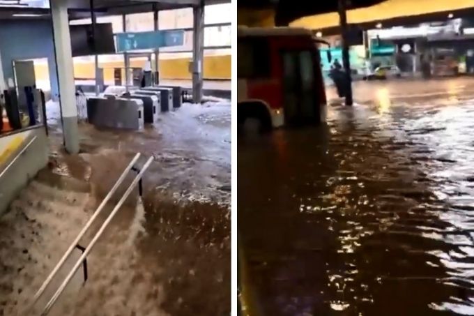 Foto tem montagem de duas fotos mostrando alagamento (com água avermelhada) na estação de trem em Mauá. Dá para ver as escadas e catracas alagadas na primeira foto e, na segunda, um ônibus parado