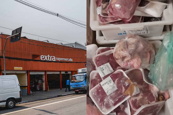 Duas imagens, uma ao lado da outra. Na esquerda, a fachada de um supermercado Extra. Na direita, várias carnes embaladas amontoadas.