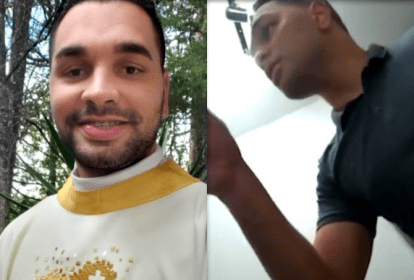 Duas imagens. À esquerda, uma selfie de um homem com uma bata, sorrindo. À esquerda, o mesmo homem com a mão levantada.