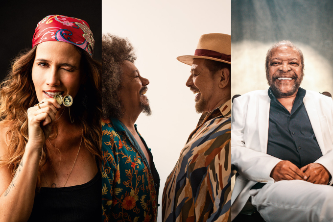 Montagem com três fotos: na esquerda, uma mulher com uma bandana vermelha mordendo um colar com a foto de um homem de bigode. No centro, dois homens de perfil se olhando. Na direita, um homem grisalho de terno branco sorrindo e sentado em uma cadeira.