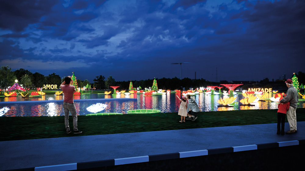 Uma projeção mostra lago do Ibirapuera repleto de estátuas e luzes de Natal, com plantas e bichos representados