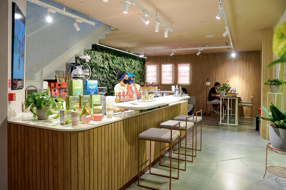 Trama_Lab-6.jpg Foto mostra bancada de café em uma loja. É de madeira e o fundo é de grama vertical