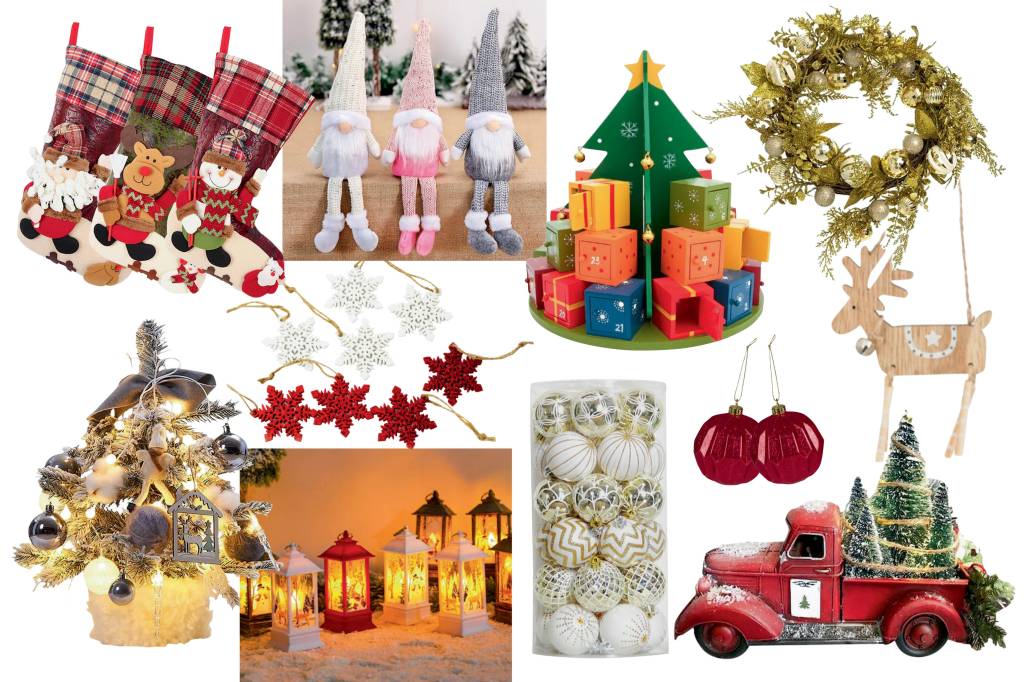 Montagem com vários objetos de decoração de Natal