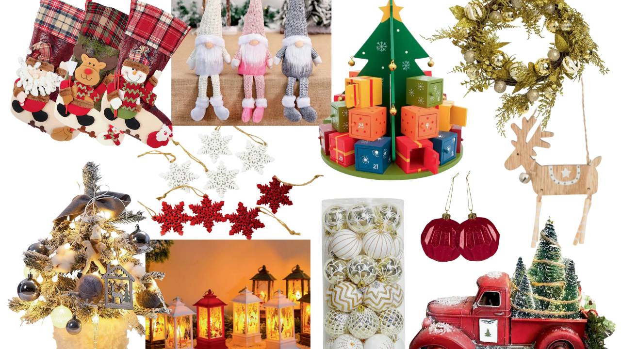 Montagem com vários objetos de decoração de Natal