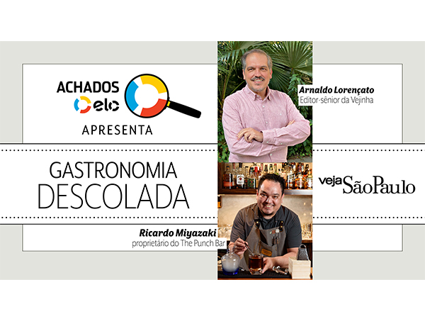 Montagem com dois retratos e dizeres como "Gastronomia Descolada" e "Achados Elo"