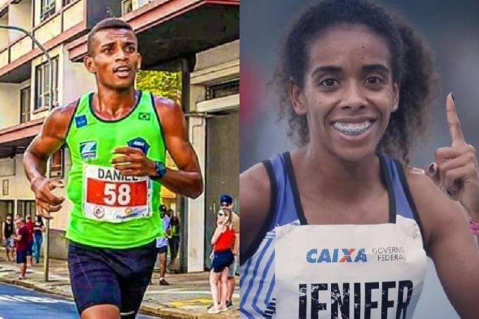 Fotos lado a lado de Daniel Nascimento e Jenifer de Nascimento. Ambos são jovens negros, de cabelos e olhos escuros. Daneiel aparece correndo uma maratona e Jenifer posa para a foto sorrindo e usano o uniforme.