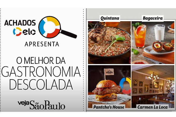 Print do card "o melhor da gastronomia descolada" apresentado por Elo. Com fotos de prato do Quintana, hambúrguer do Pantcho's House Burger, petiscos do Bagaceira e ambiente do Carmen La Loca.