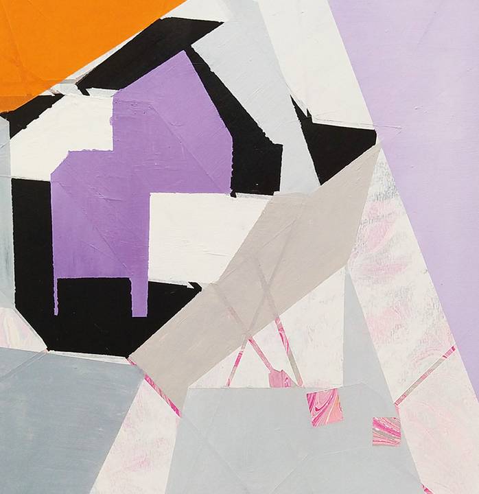 A pintura mostra figuras geométricas e abstratas nas cores cinza, preto, roxo, azul e laranja.