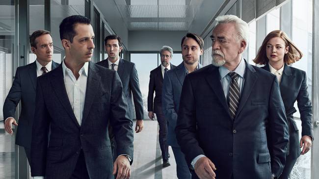 succession A imagem mostra diversos personagens se entreolhando