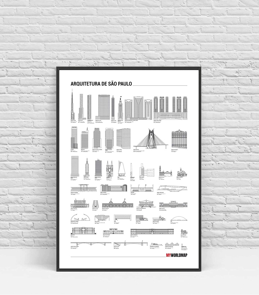 Pôster em P&B com desenhos da arquitetura de SP.