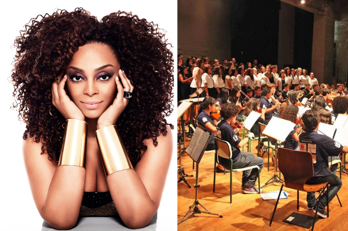 Duas imagens. À esquerda, uma mulher com o rosto apoiado nas duas mãos. À direita, diversos músicos de uma orquestra em um palco.