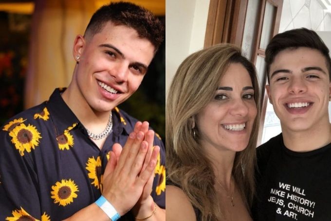 Montagem com duas fotos. Uma de Thomaz Costa, branco, de cabelos e olhos escuros, vestindo uma camisa preta com estampa de girassol. Outra de Thomaz e sua mãe, Luciana. Ela é branca e loira, eles sorriem para a foto.