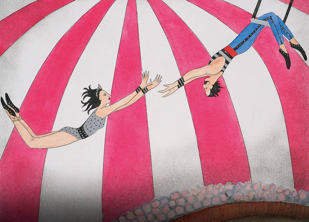 Ilustração de duas pessoas, um homem e uma mulher, pulando de trapézio no circo.