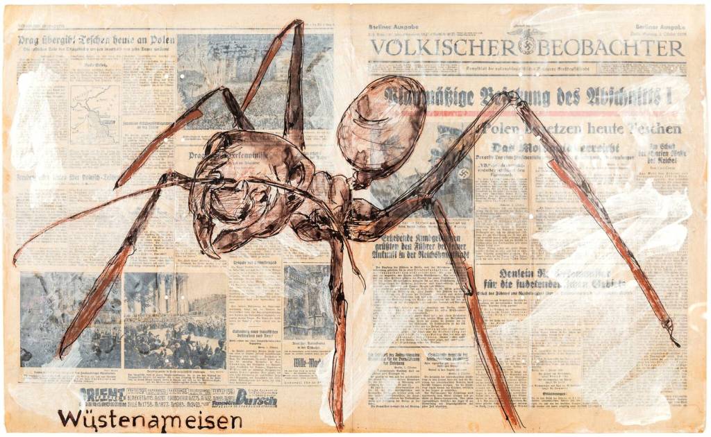 OJ5DMVO3KJE5NJQ4ZO2HHEFLFI Imagem mostra jornal com uma aranha desenhada sobre as notícias.