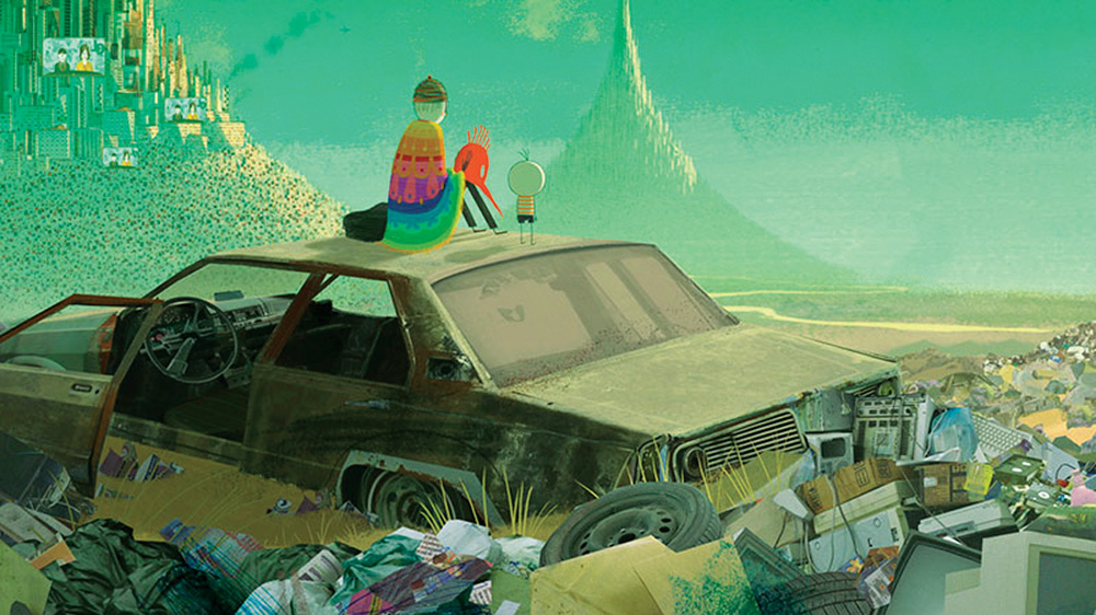 Frame do filme de animação "O Menino e O Mundo", em que pai e filho aparecerem sentados em cima de um carro abandonado.