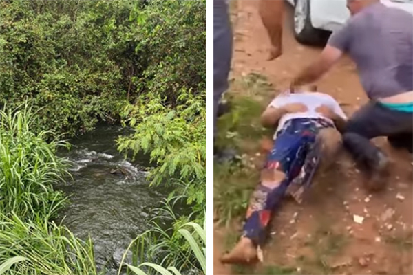 Montagem mostra, à esquerda, vegetação com rio com forte correnteza no meio; à direita, mulher está deitada no chão com Policial Militar a examinando