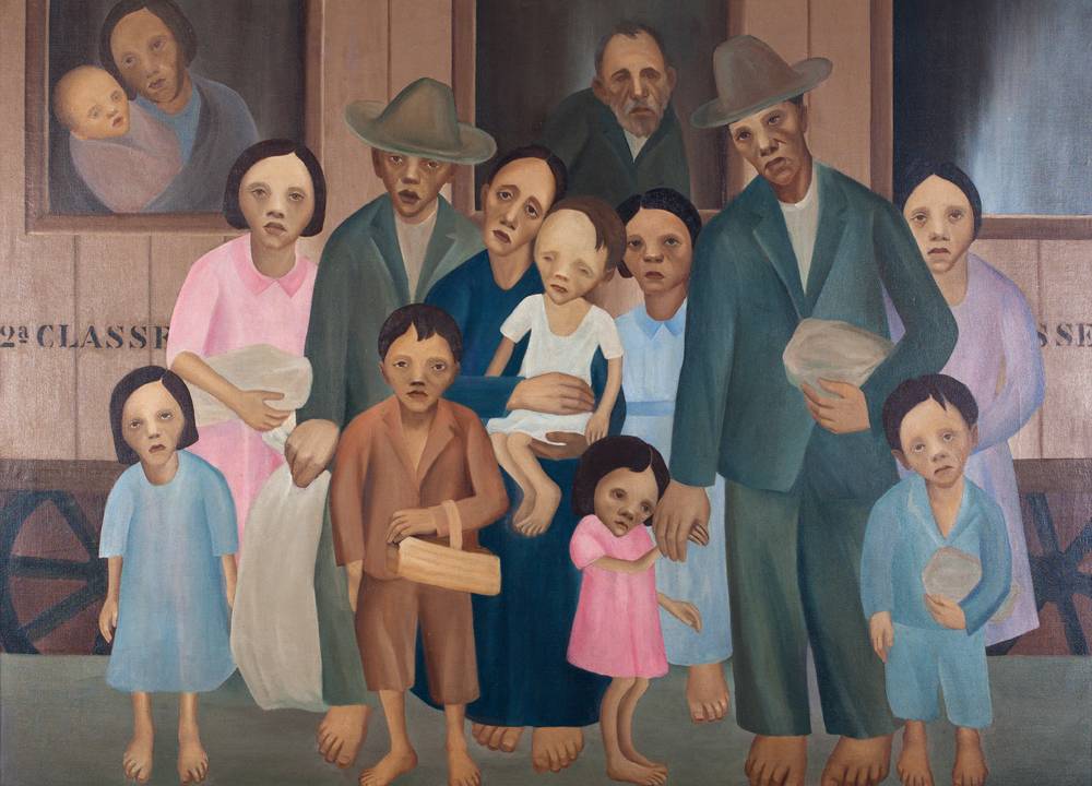 Quadro de Tarsila mostra família pobre e descalça em uma casa rural