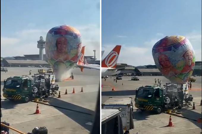 Balão em pista de avião no aeroporto de Guarulhos.