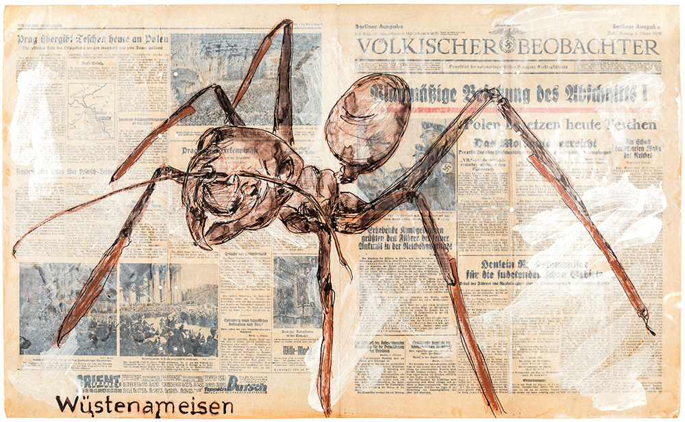 Créditos_Henrique Luz.jpg Um desenho de aranha sobrepõe jornais antigos.