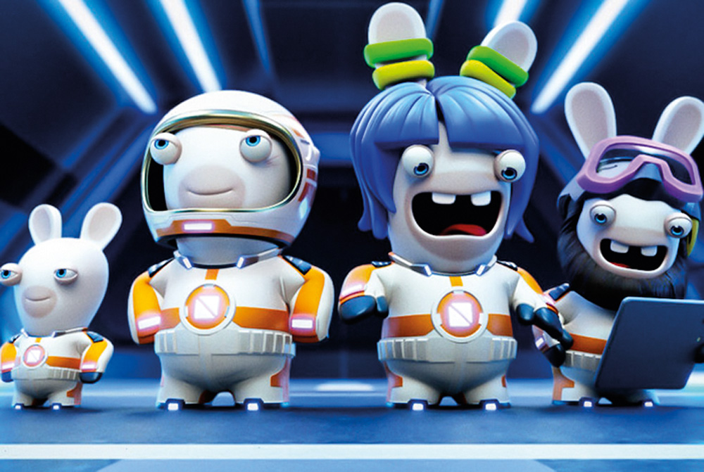 PODE SER ESTAdivulgação netflix.jpg Frame do filme dos Rabbids. Três coelhos engraçados de animação vestem roupas espaciais.