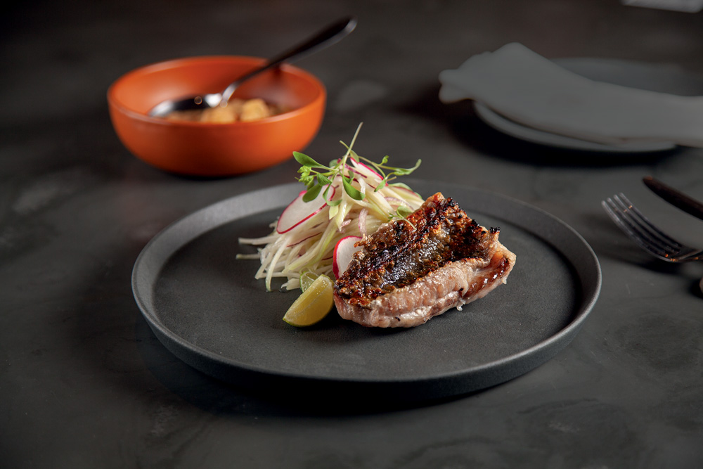 Casa Rios Sobre prato de cerâmica de cor preta, é servido um peixe branco de casca crocante junto de salada de chuchu, cebola-roxa, rabanete e folhas de coentro. Ao fundo, é possível ver também uma cumbuca de cor alaranjada.