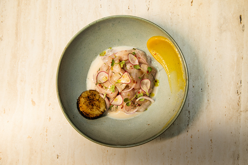 Ceviche servido em prato de cerâmica de cor cinza