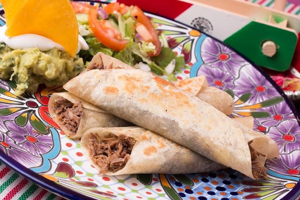 Um prato clorido com três burritos de carne desfiada em cima.