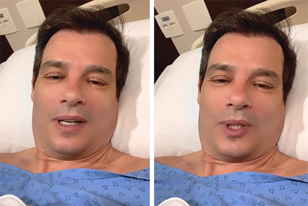 Imagem mostra montagem com dois frames de vídeo em que Portiolli aparece com roupa de hospital, deitado em maca