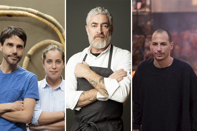 Três imagens verticais unidas por linhas finas brancas. Da esquerda para direita: os chefs Virgilio Martínez e Pia Leon, Alex Atala e Pablo Rivero .