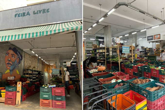 Duas imagens verticais unidas por linha fina branca. À esquerda, fachada do Instituto Feira Livre. À direita, parte interna do Instituto Feira Livre, com caixotes de orgânicos.